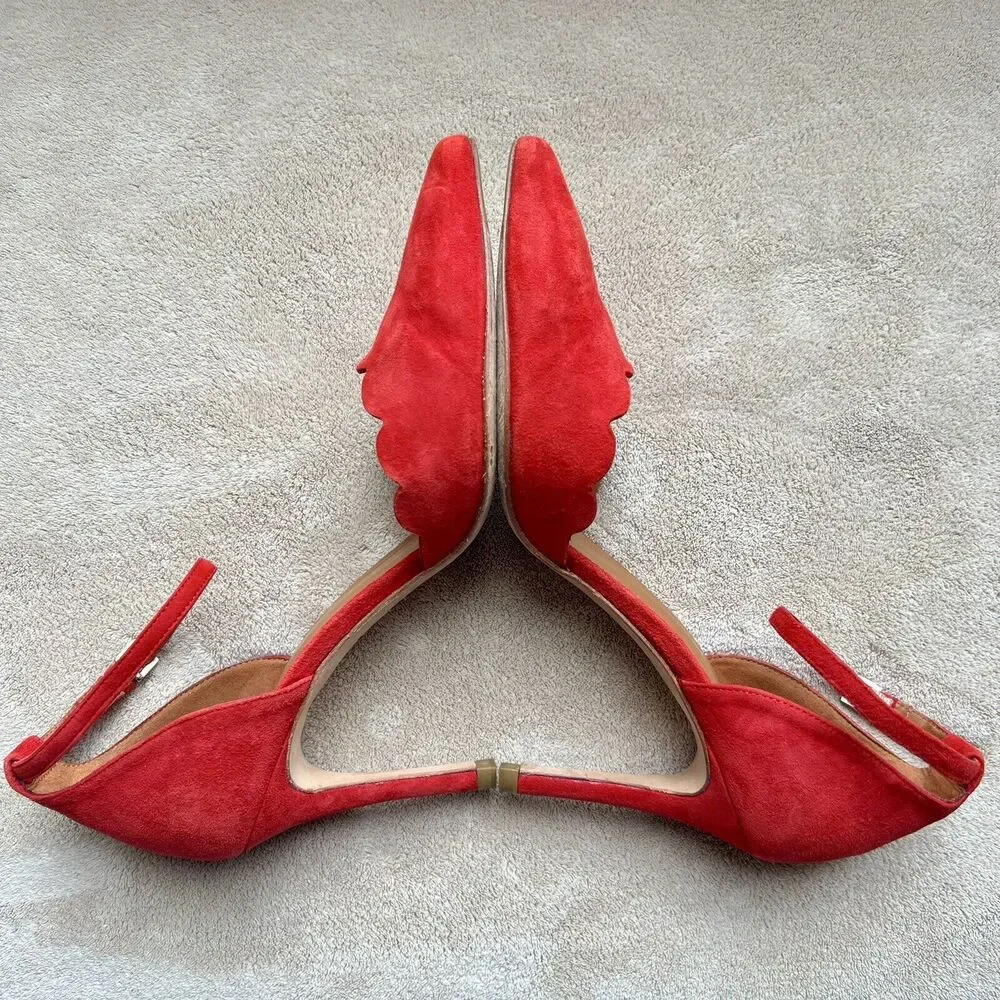 Minelli Spain Red Suede Scalloped Edge Pump Heel Ankle Strap Women EU 38 US‎ 7.5